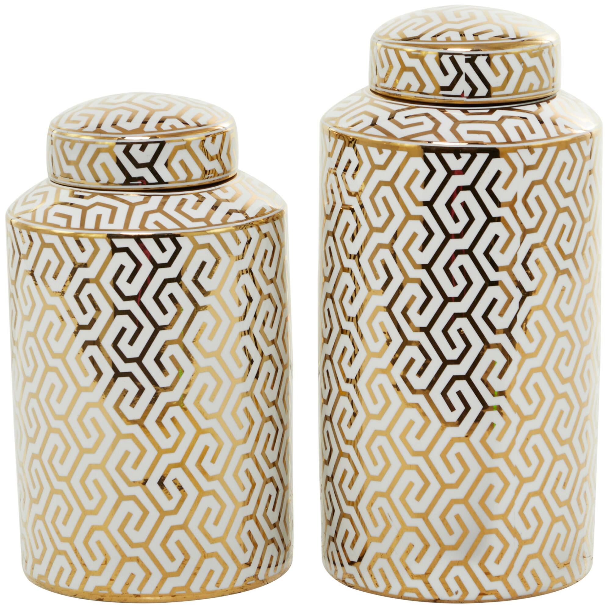 12" Gold Ceramic Geometric Decorative Jars with Gold Accents Set